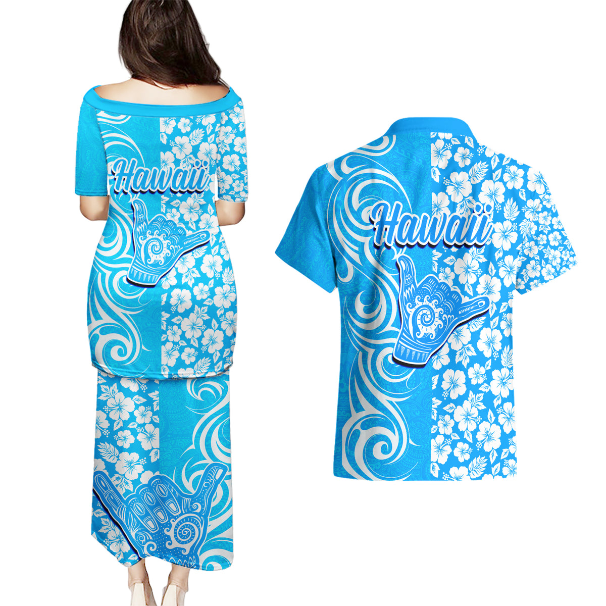 Hawaii Kauai Island Couples Matching Puletasi Dress and Hawaiian Shirt Hibiscus Pattern Seamless Tribal Simple Blue LT03 - Polynesian Pride