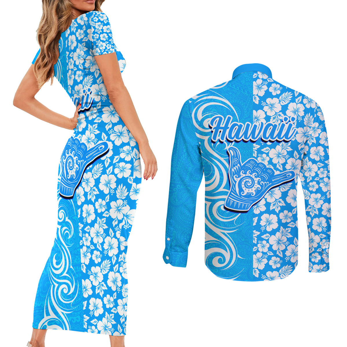 Hawaii Kauai Island Couples Matching Short Sleeve Bodycon Dress and Long Sleeve Button Shirts Hibiscus Pattern Seamless Tribal Simple Blue LT03 - Polynesian Pride