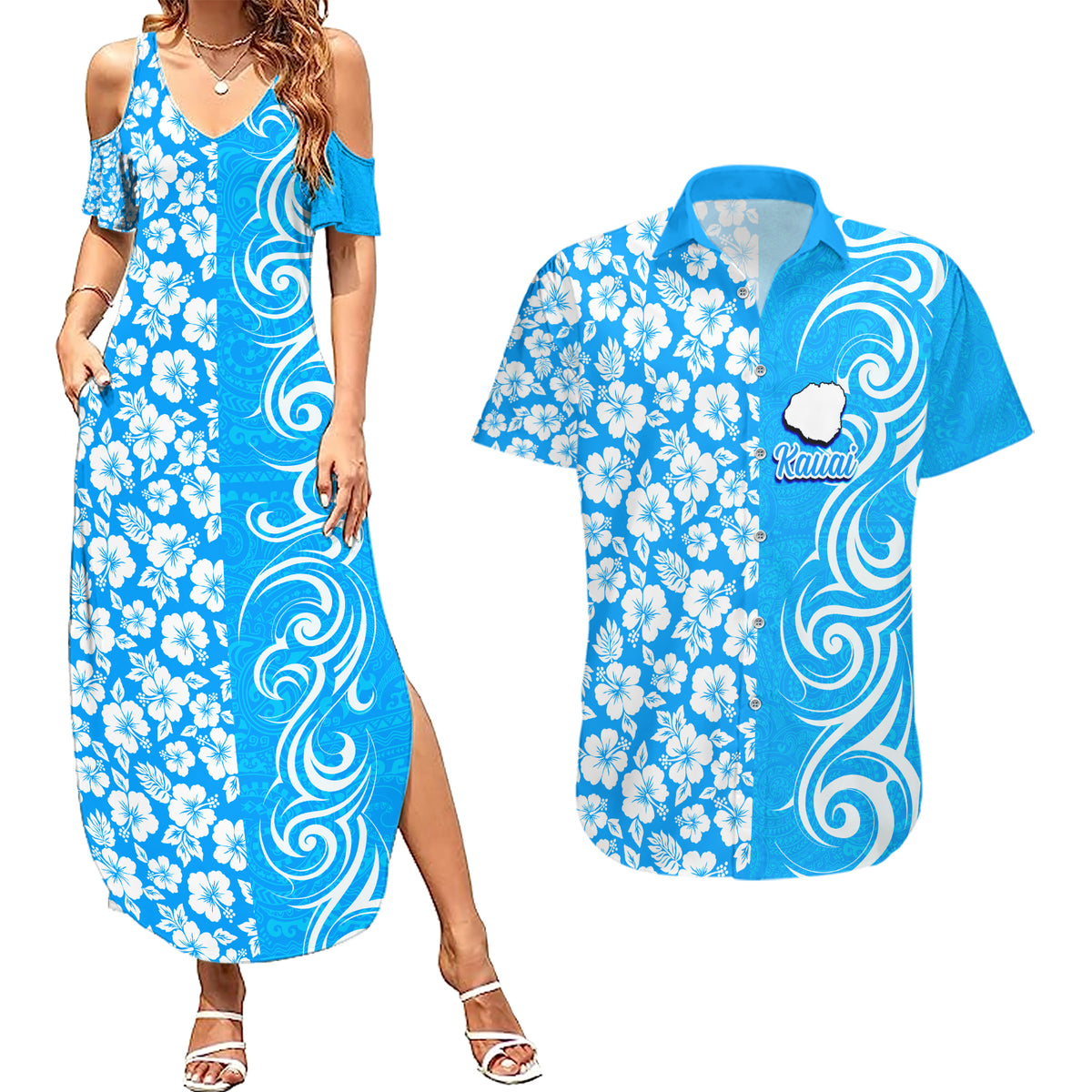 Hawaii Kauai Island Couples Matching Summer Maxi Dress and Hawaiian Shirt Hibiscus Pattern Seamless Tribal Simple Blue LT03 Blue - Polynesian Pride