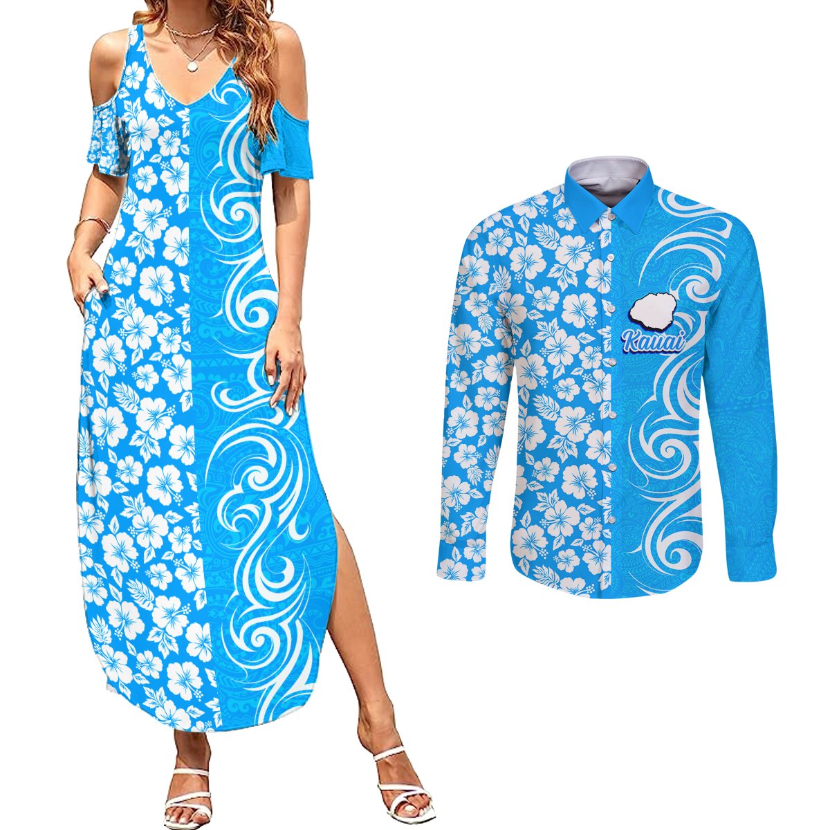 Hawaii Kauai Island Couples Matching Summer Maxi Dress and Long Sleeve Button Shirts Hibiscus Pattern Seamless Tribal Simple Blue LT03 Blue - Polynesian Pride