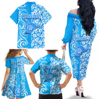 Hawaii Kauai Island Family Matching Off Shoulder Long Sleeve Dress and Hawaiian Shirt Hibiscus Pattern Seamless Tribal Simple Blue LT03 - Polynesian Pride