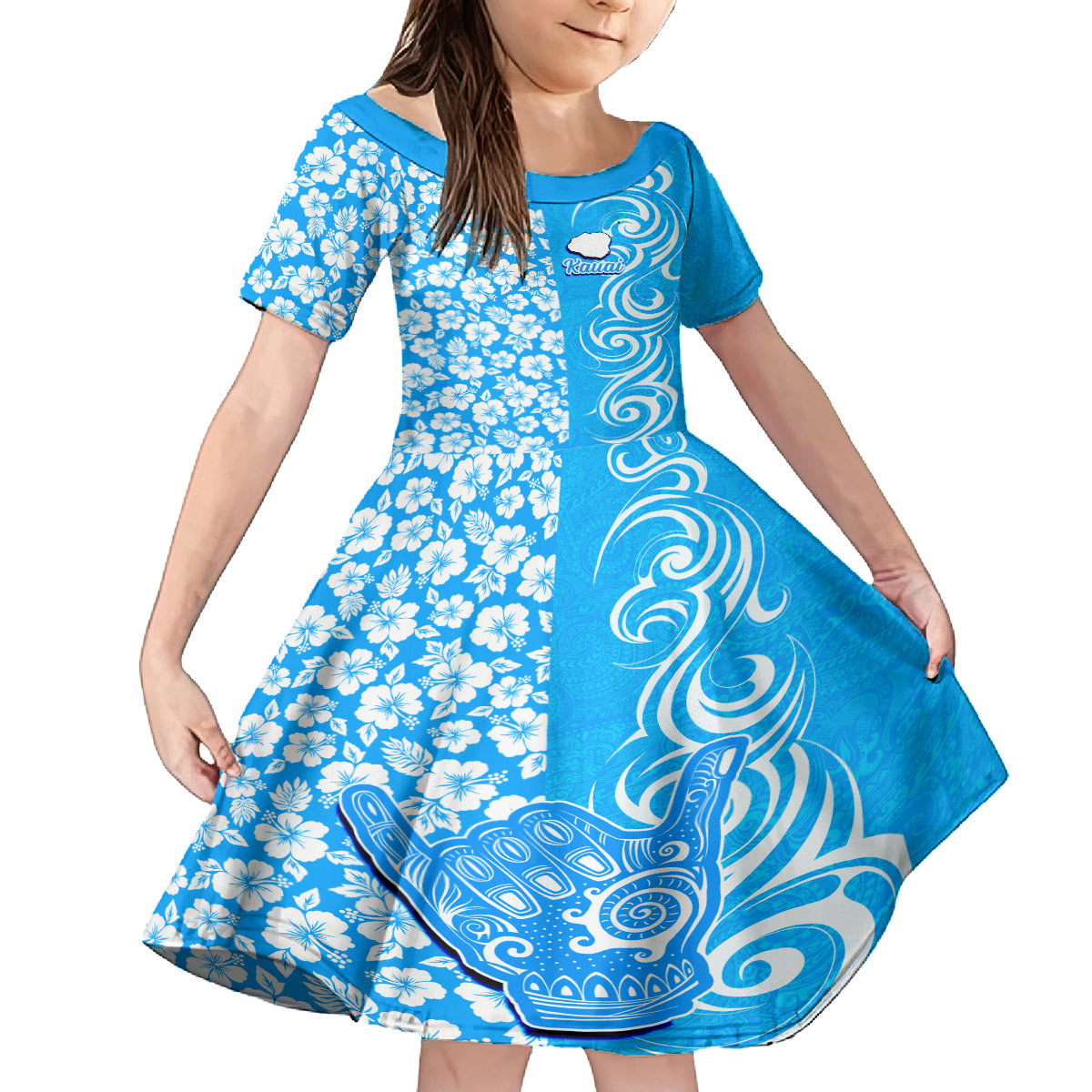 Hawaii Kauai Island Kid Short Sleeve Dress Hibiscus Pattern Seamless Tribal Simple Blue LT03 KID Blue - Polynesian Pride