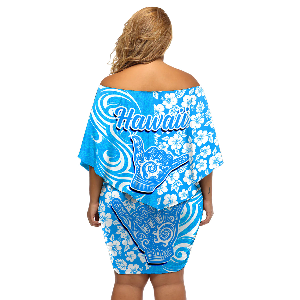 Hawaii Kauai Island Off Shoulder Short Dress Hibiscus Pattern Seamless Tribal Simple Blue LT03 - Polynesian Pride