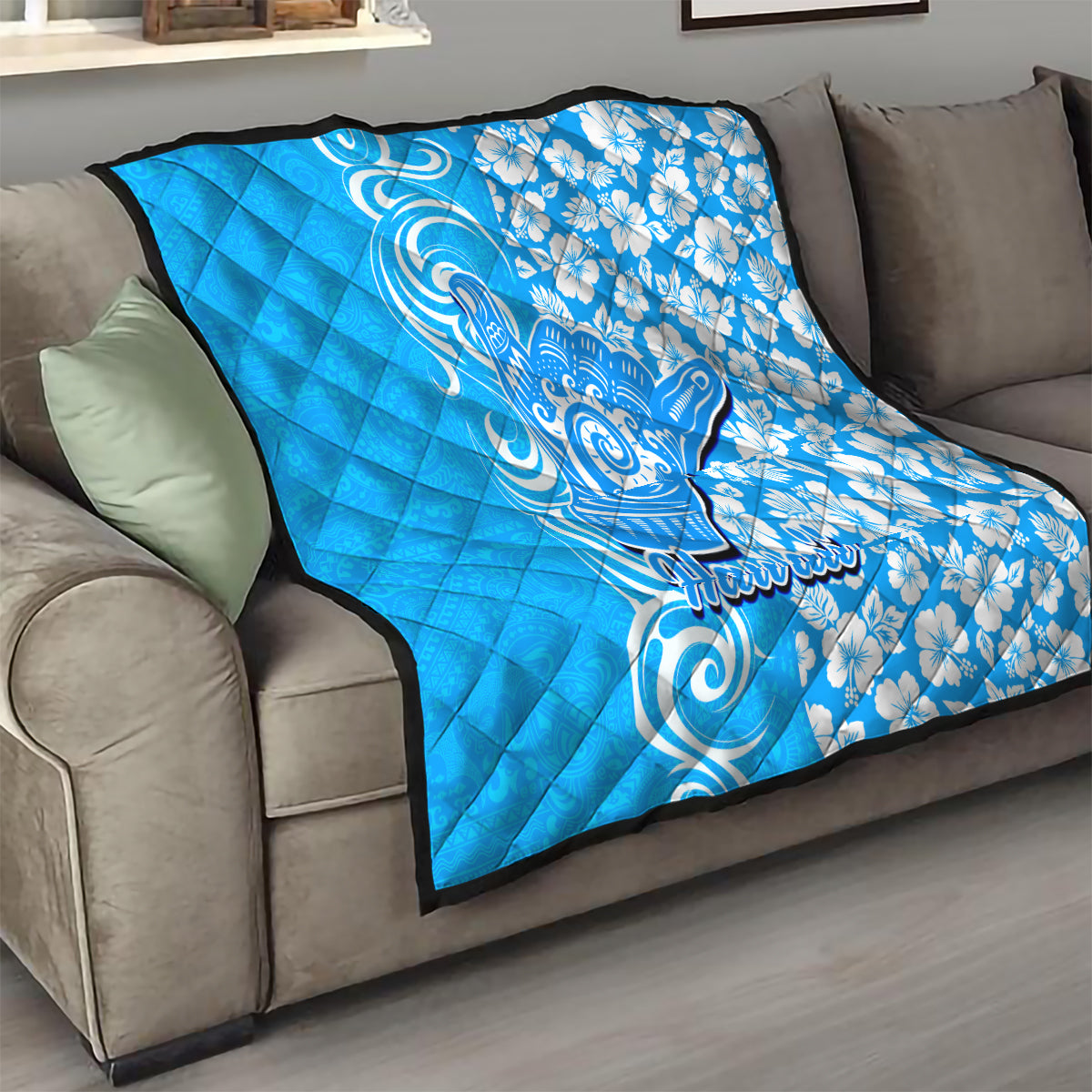 Hawaii Kauai Island Quilt Hibiscus Pattern Seamless Tribal Simple Blue LT03 - Polynesian Pride