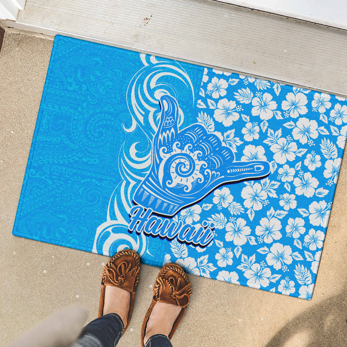Hawaii Kauai Island Rubber Doormat Hibiscus Pattern Seamless Tribal Simple Blue LT03 - Polynesian Pride