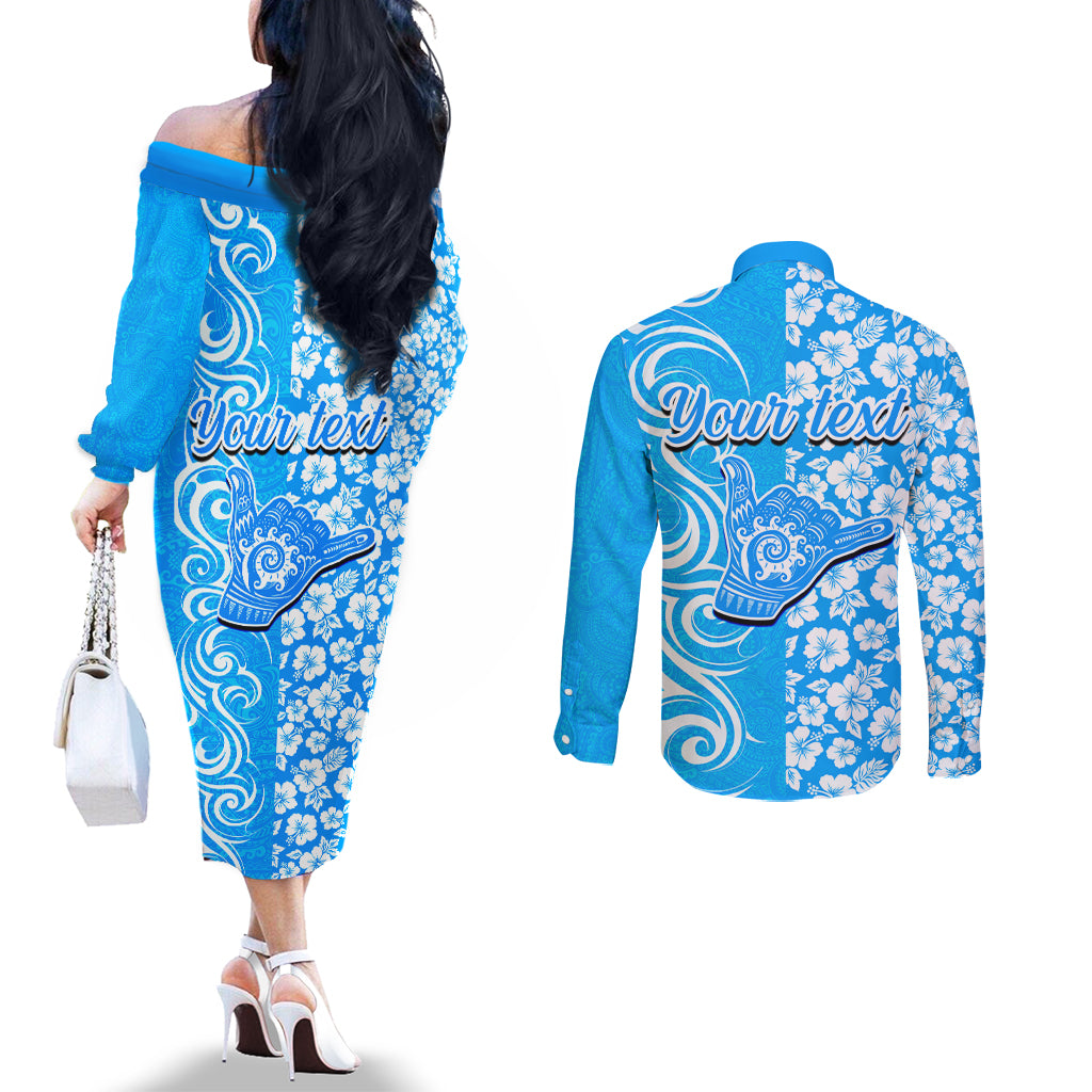 Custom Hawaii Kauai Island Couples Matching Off The Shoulder Long Sleeve Dress and Long Sleeve Button Shirts Hibiscus Pattern Seamless Tribal Simple Blue LT03 - Polynesian Pride