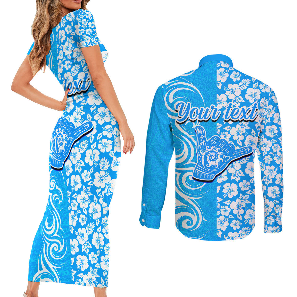 Custom Hawaii Kauai Island Couples Matching Short Sleeve Bodycon Dress and Long Sleeve Button Shirts Hibiscus Pattern Seamless Tribal Simple Blue LT03 - Polynesian Pride