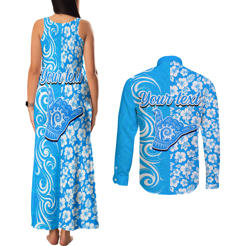 Custom Hawaii Kauai Island Couples Matching Tank Maxi Dress and Long Sleeve Button Shirts Hibiscus Pattern Seamless Tribal Simple Blue LT03 - Polynesian Pride