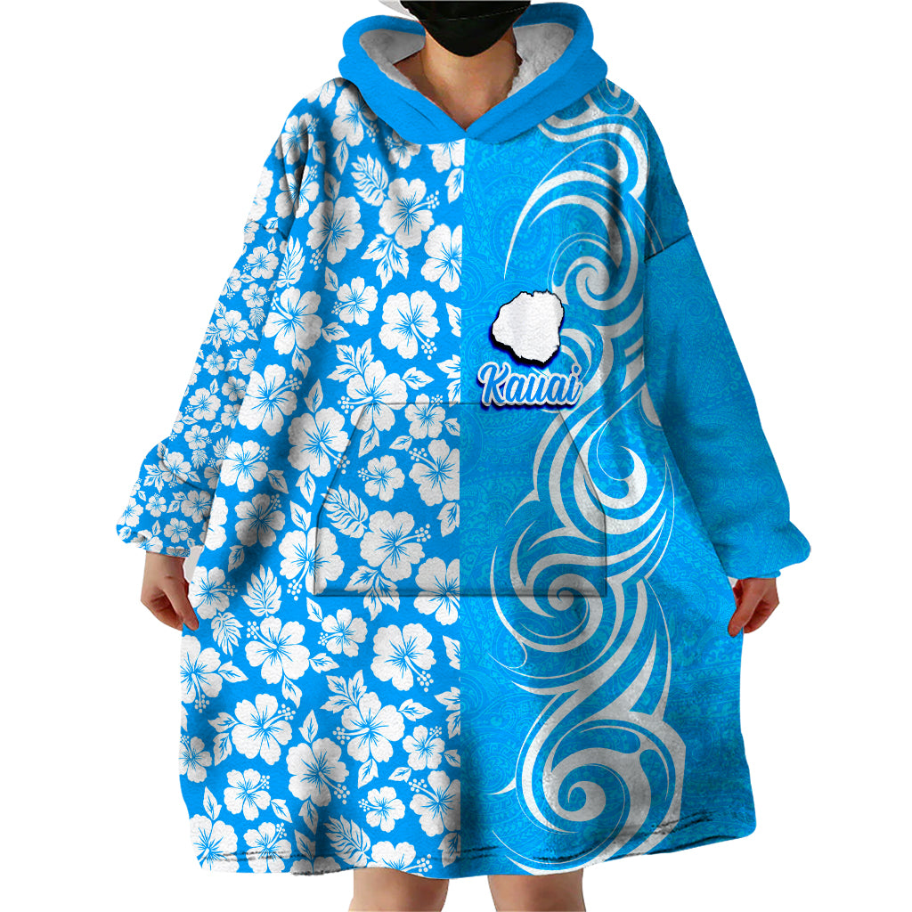 Custom Hawaii Kauai Island Wearable Blanket Hoodie Hibiscus Pattern Seamless Tribal Simple Blue LT03 - Polynesian Pride