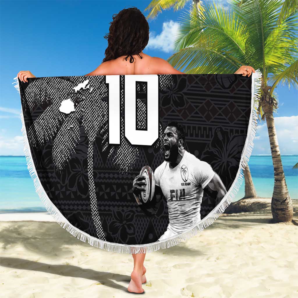 Custom Fiji Rugby Pacific Champions 2024 Beach Blanket Anniversary 7 Titles - Fijians Rugby and Tapa Hibiscus Black Art