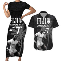 Custom Fiji Rugby Pacific Champions 2024 Couples Matching Short Sleeve Bodycon Dress and Hawaiian Shirt Anniversary 7 Titles - Fijians Rugby and Tapa Hibiscus Black Art