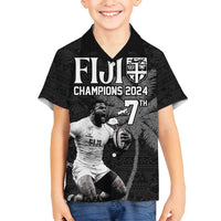 Custom Fiji Rugby Pacific Champions 2024 Family Matching Long Sleeve Bodycon Dress and Hawaiian Shirt Anniversary 7 Titles - Fijians Rugby and Tapa Hibiscus Black Art LT03 Son's Shirt Black - Polynesian Pride