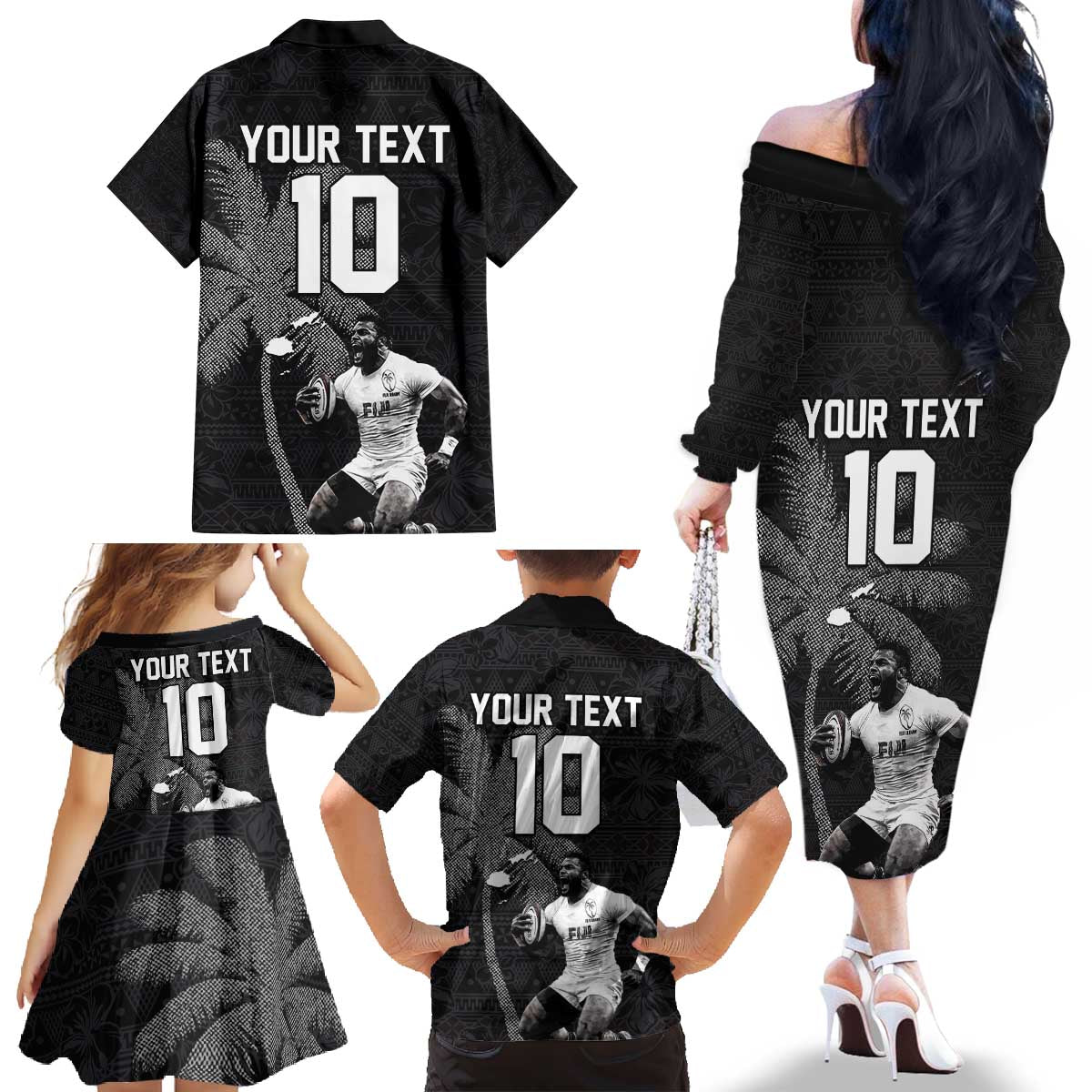 Custom Fiji Rugby Pacific Champions 2024 Family Matching Off The Shoulder Long Sleeve Dress and Hawaiian Shirt Anniversary 7 Titles - Fijians Rugby and Tapa Hibiscus Black Art