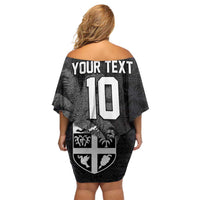 Custom Fiji Rugby Pacific Champions 2024 Family Matching Off Shoulder Short Dress and Hawaiian Shirt Anniversary 7 Titles - Fijians Rugby and Tapa Hibiscus Black Art