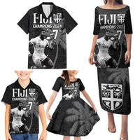 Custom Fiji Rugby Pacific Champions 2024 Family Matching Puletasi and Hawaiian Shirt Anniversary 7 Titles - Fijians Rugby and Tapa Hibiscus Black Art