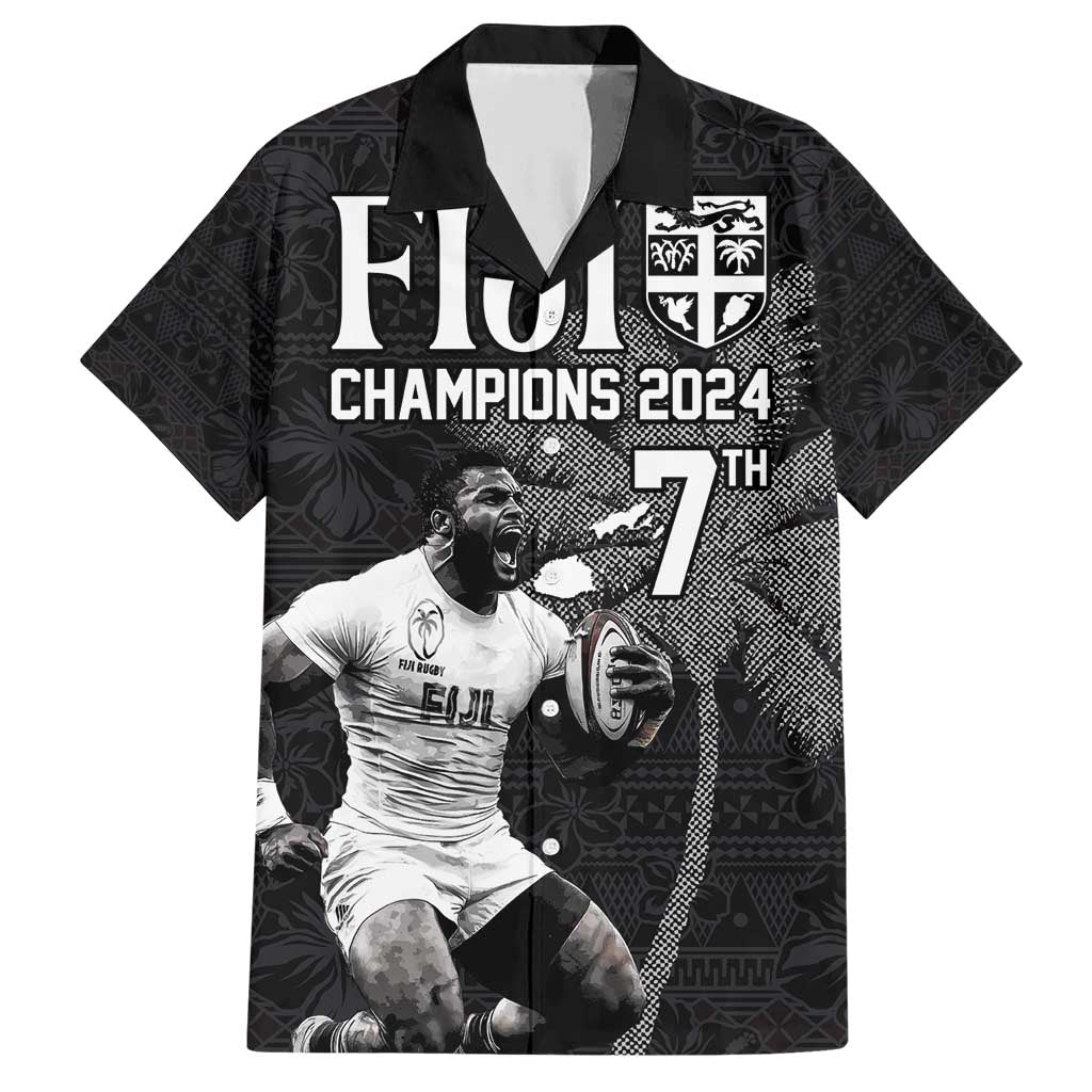 Custom Fiji Rugby Pacific Champions 2024 Family Matching Short Sleeve Bodycon Dress and Hawaiian Shirt Anniversary 7 Titles - Fijians Rugby and Tapa Hibiscus Black Art LT03 Dad's Shirt - Short Sleeve Black - Polynesian Pride