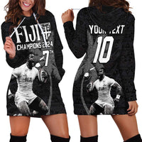 Custom Fiji Rugby Pacific Champions 2024 Hoodie Dress Anniversary 7 Titles - Fijians Rugby and Tapa Hibiscus Black Art
