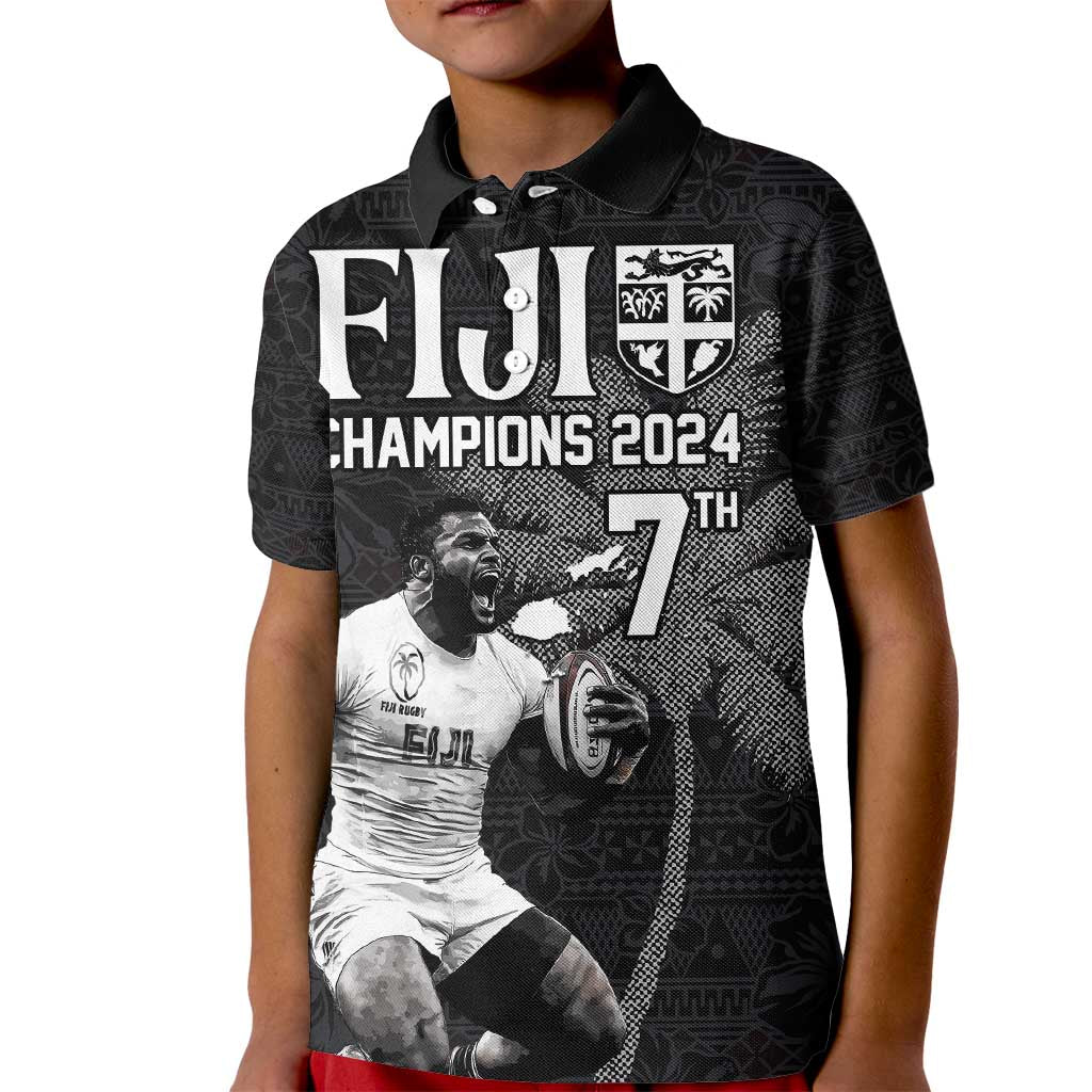 Custom Fiji Rugby Pacific Champions 2024 Kid Polo Shirt Anniversary 7 Titles - Fijians Rugby and Tapa Hibiscus Black Art LT03 Kid Black - Polynesian Pride