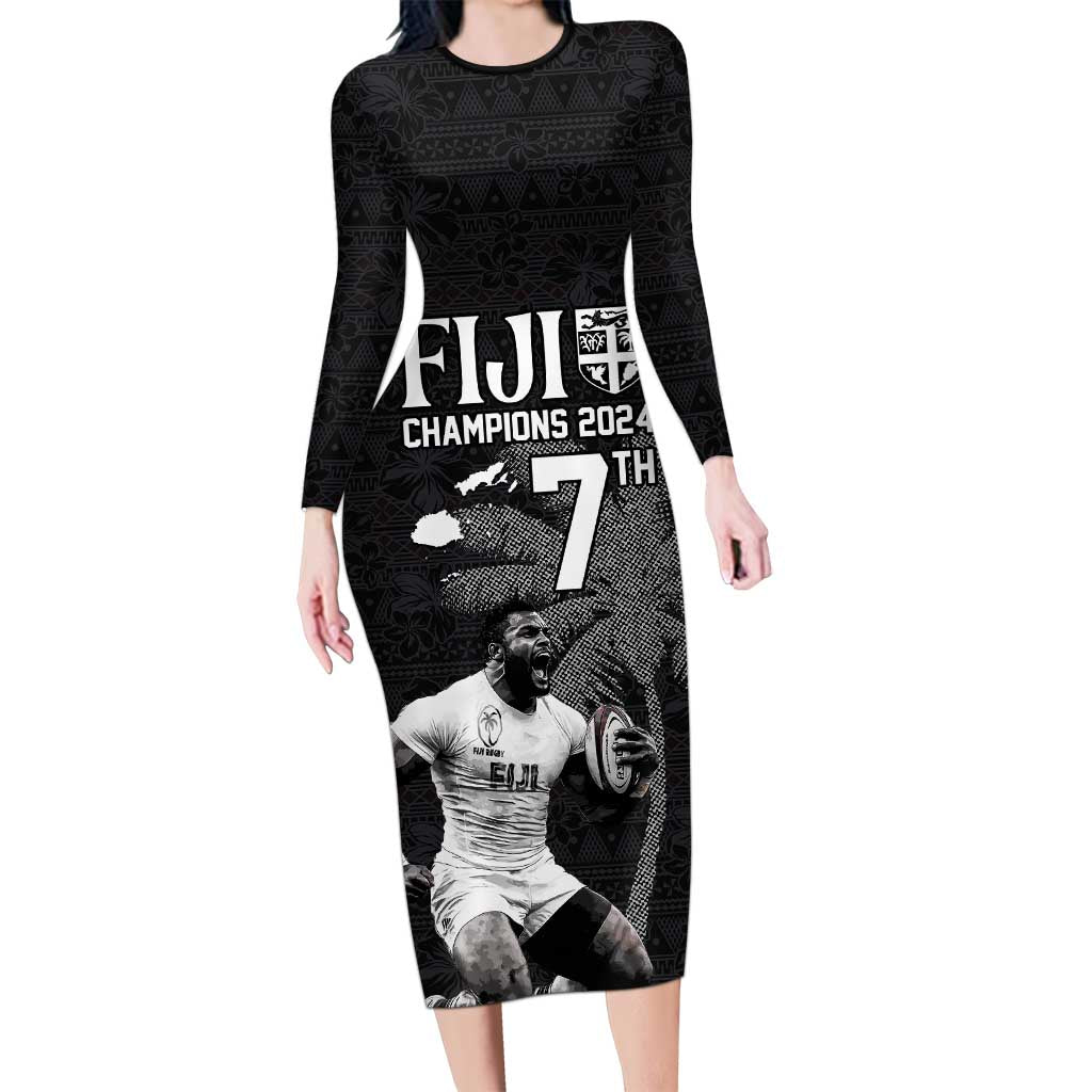 Custom Fiji Rugby Pacific Champions 2024 Long Sleeve Bodycon Dress Anniversary 7 Titles - Fijians Rugby and Tapa Hibiscus Black Art LT03 Long Dress Black - Polynesian Pride
