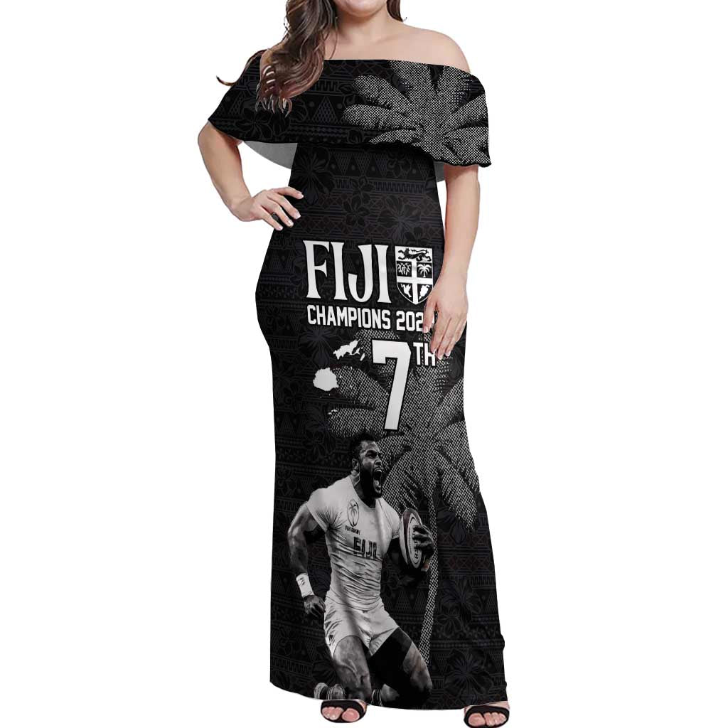 Custom Fiji Rugby Pacific Champions 2024 Off Shoulder Maxi Dress Anniversary 7 Titles - Fijians Rugby and Tapa Hibiscus Black Art LT03 Women Black - Polynesian Pride