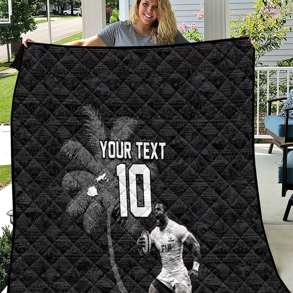 Custom Fiji Rugby Pacific Champions 2024 Quilt Anniversary 7 Titles - Fijians Rugby and Tapa Hibiscus Black Art LT03 Black - Polynesian Pride
