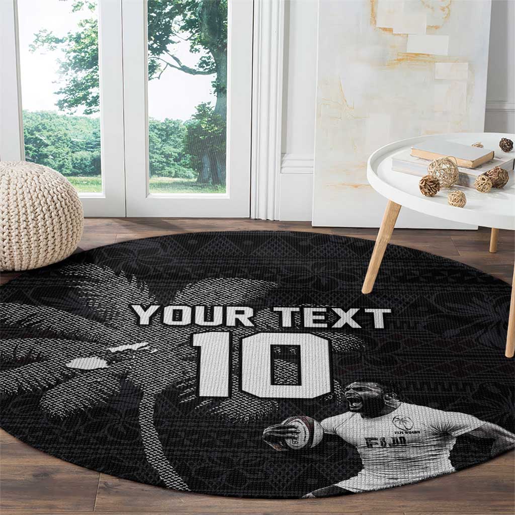 Custom Fiji Rugby Pacific Champions 2024 Round Carpet Anniversary 7 Titles - Fijians Rugby and Tapa Hibiscus Black Art