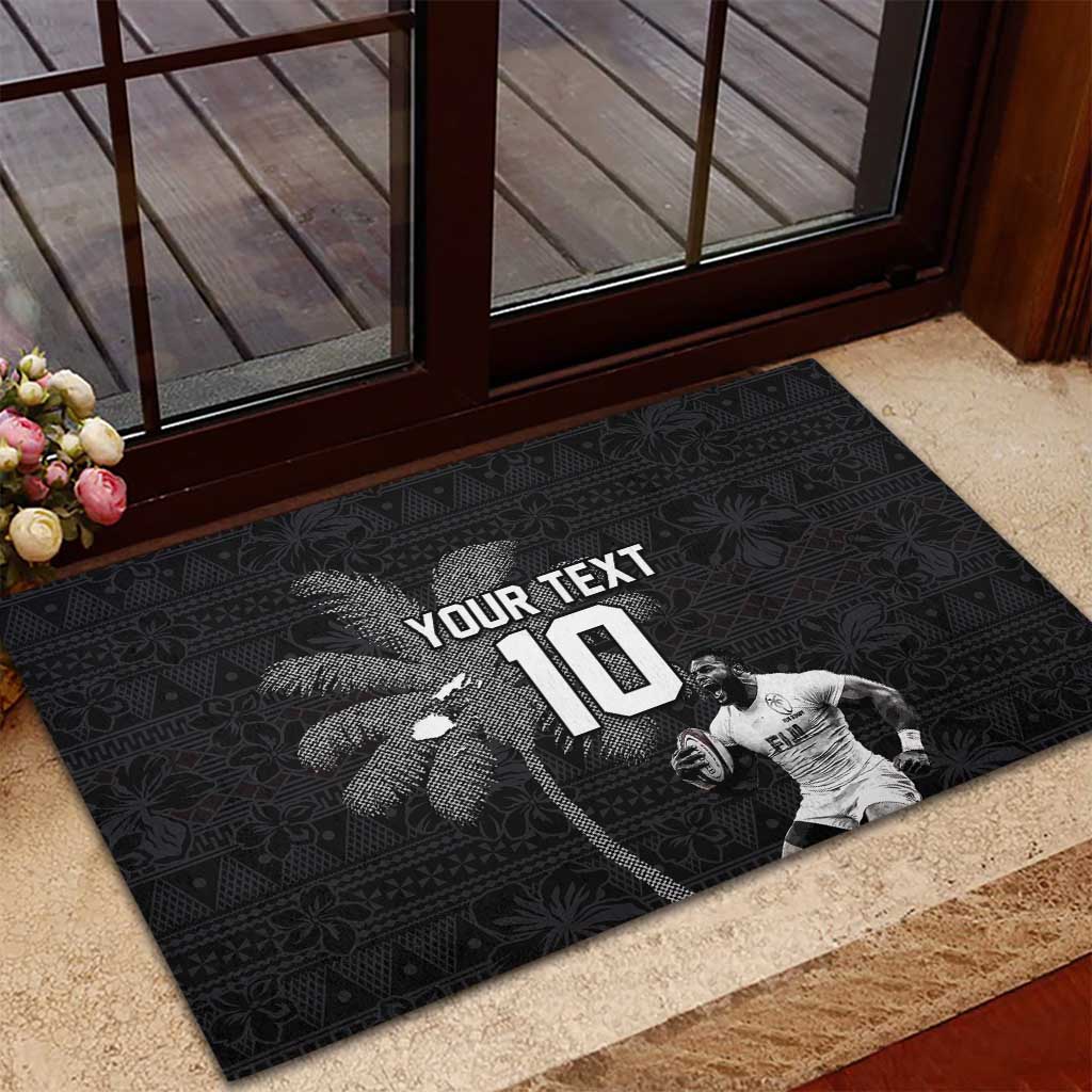 Custom Fiji Rugby Pacific Champions 2024 Rubber Doormat Anniversary 7 Titles - Fijians Rugby and Tapa Hibiscus Black Art