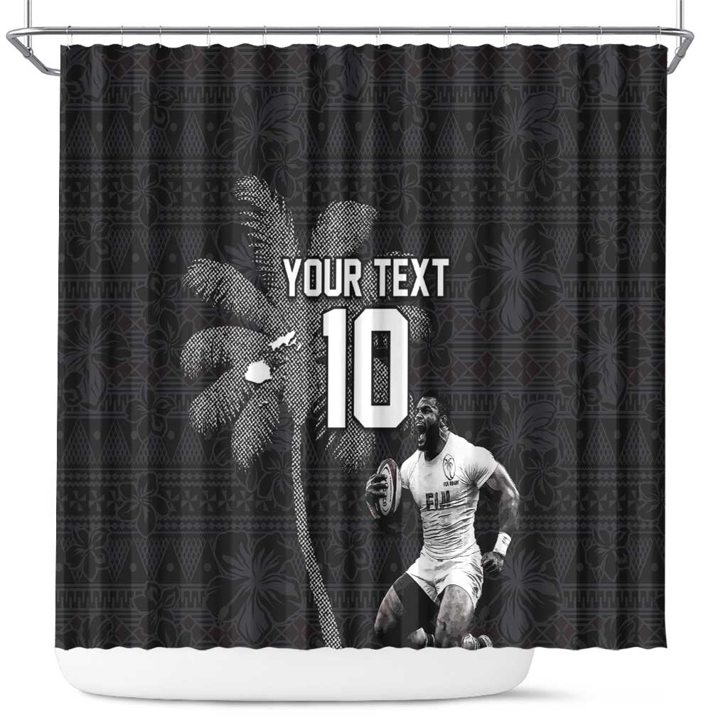 Custom Fiji Rugby Pacific Champions 2024 Shower Curtain Anniversary 7 Titles - Fijians Rugby and Tapa Hibiscus Black Art LT03 Black - Polynesian Pride