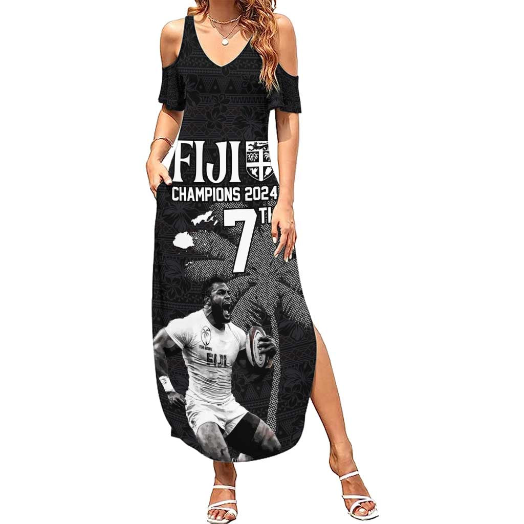Custom Fiji Rugby Pacific Champions 2024 Summer Maxi Dress Anniversary 7 Titles - Fijians Rugby and Tapa Hibiscus Black Art LT03 Women Black - Polynesian Pride