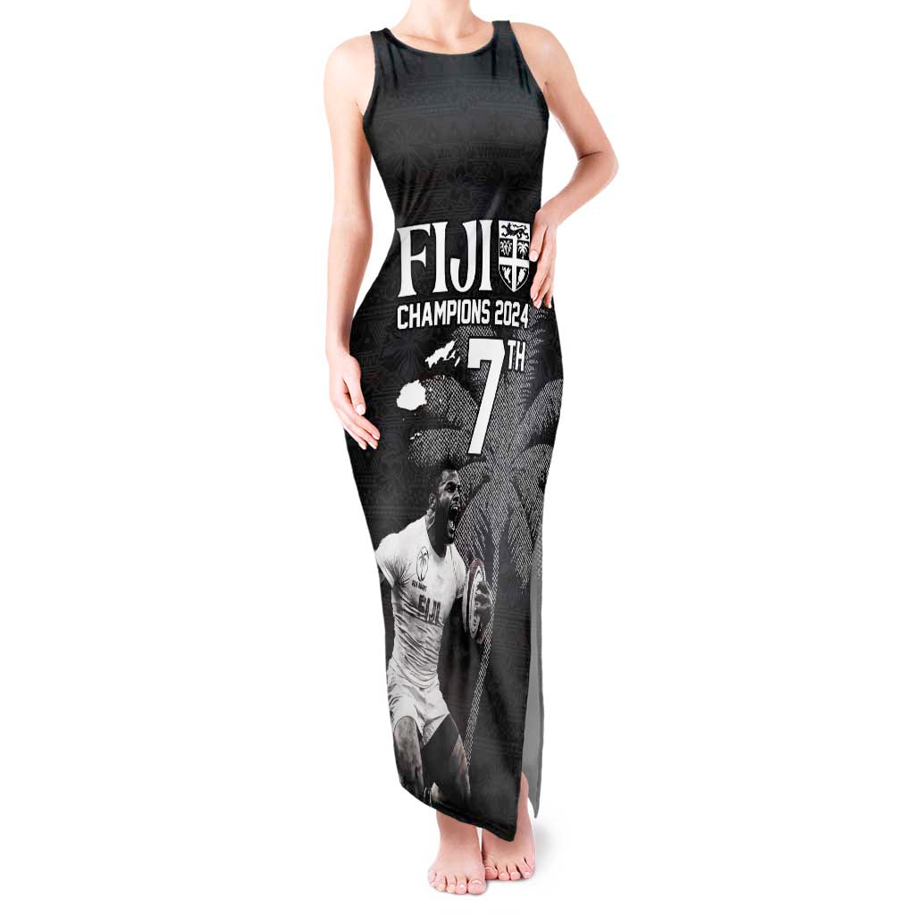 Custom Fiji Rugby Pacific Champions 2024 Tank Maxi Dress Anniversary 7 Titles - Fijians Rugby and Tapa Hibiscus Black Art LT03 Women Black - Polynesian Pride