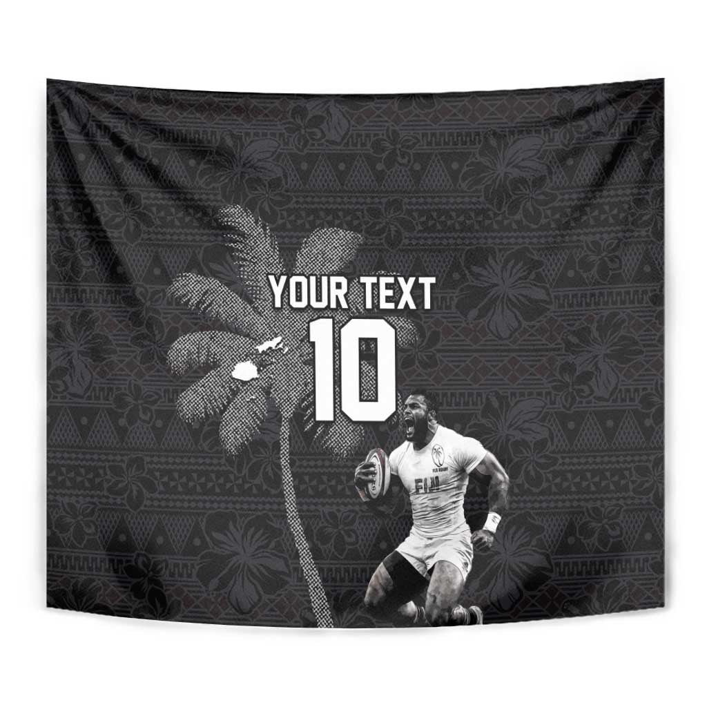 Custom Fiji Rugby Pacific Champions 2024 Tapestry Anniversary 7 Titles - Fijians Rugby and Tapa Hibiscus Black Art