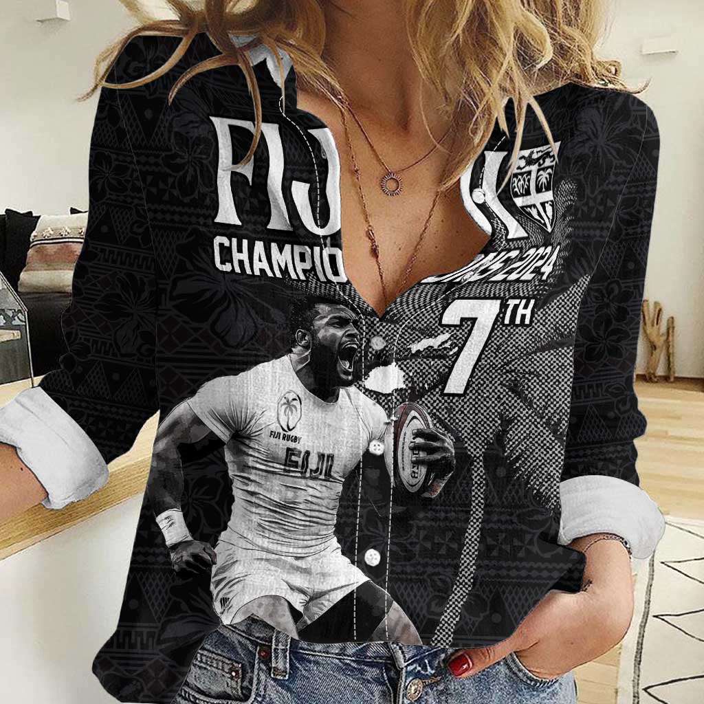 Custom Fiji Rugby Pacific Champions 2024 Women Casual Shirt Anniversary 7 Titles - Fijians Rugby and Tapa Hibiscus Black Art LT03 Female Black - Polynesian Pride