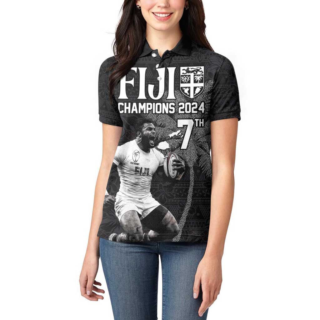 Custom Fiji Rugby Pacific Champions 2024 Women Polo Shirt Anniversary 7 Titles - Fijians Rugby and Tapa Hibiscus Black Art