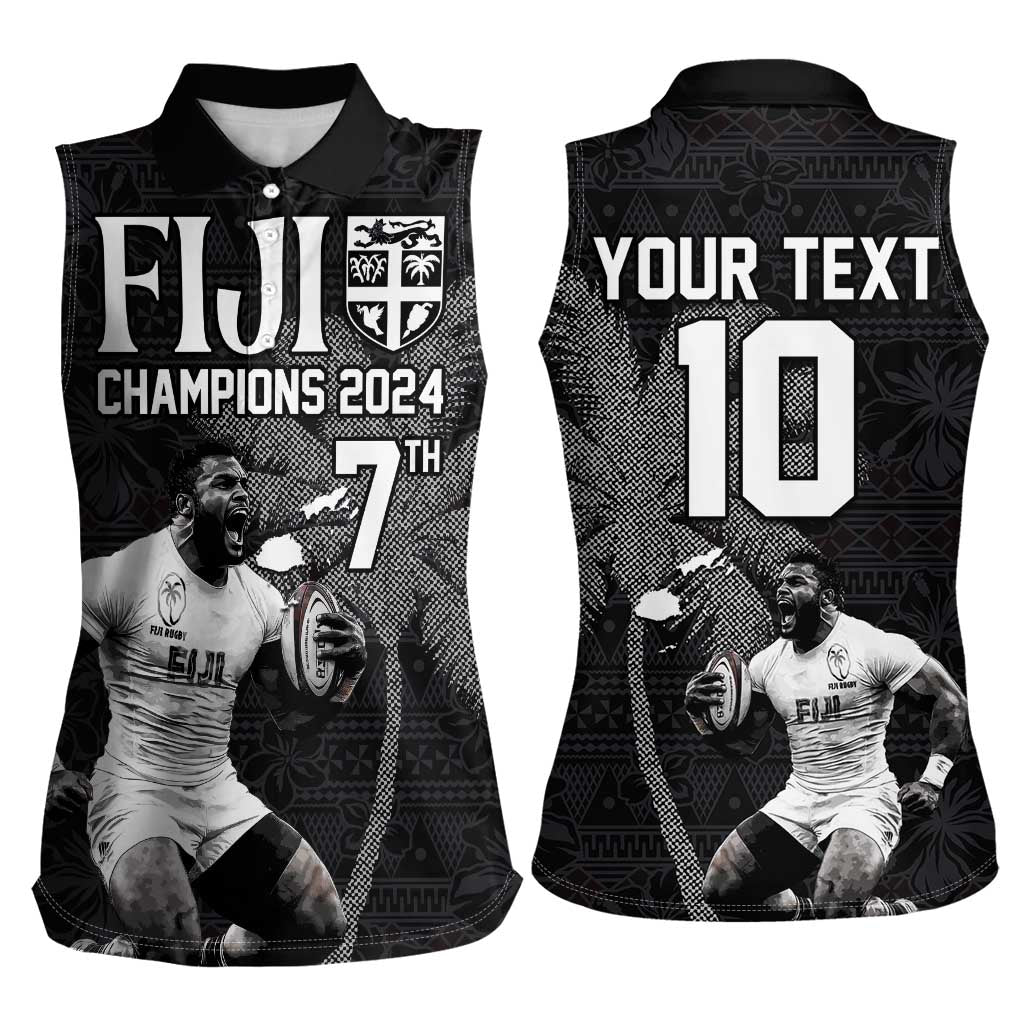 Custom Fiji Rugby Pacific Champions 2024 Women Sleeveless Polo Shirt Anniversary 7 Titles - Fijians Rugby and Tapa Hibiscus Black Art