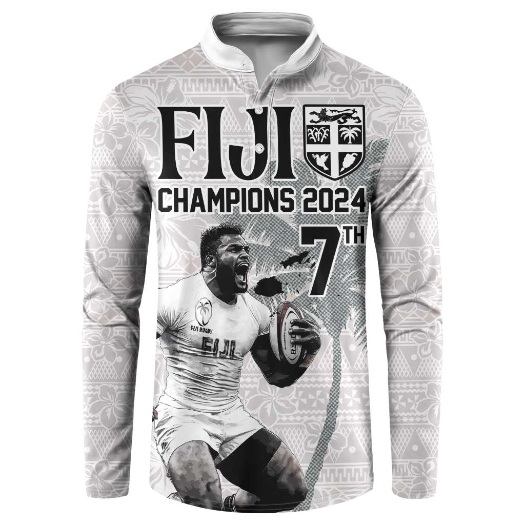 Custom Fiji Rugby Pacific Champions 2024 Button Sweatshirt Anniversary 7 Titles - Fijians Rugby and Tapa Hibiscus White Art LT03 White - Polynesian Pride