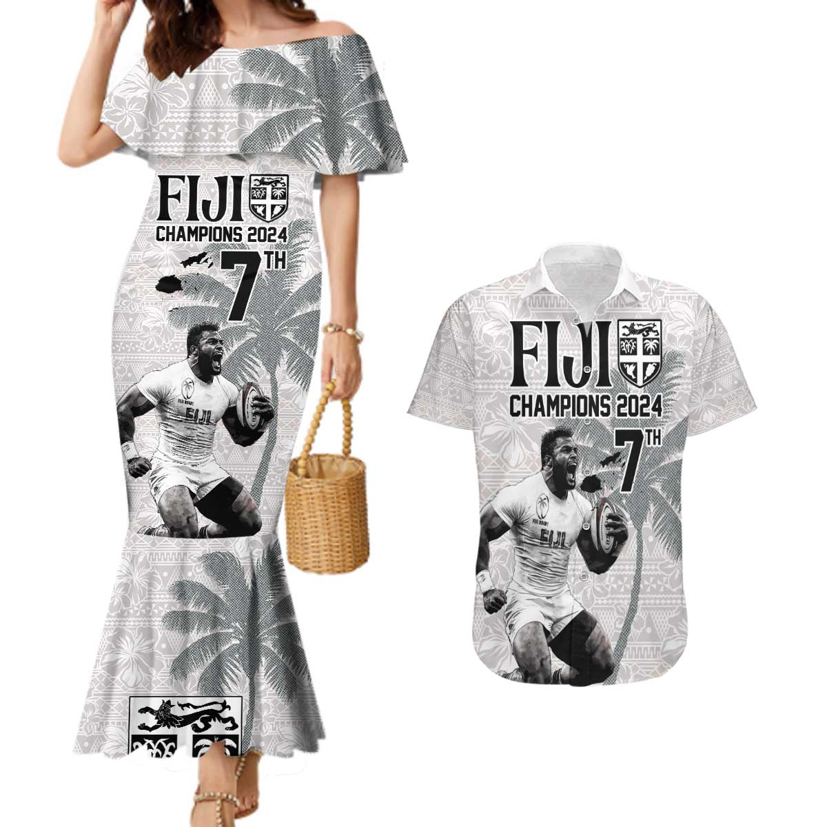 Custom Fiji Rugby Pacific Champions 2024 Couples Matching Mermaid Dress and Hawaiian Shirt Anniversary 7 Titles - Fijians Rugby and Tapa Hibiscus White Art LT03 White - Polynesian Pride