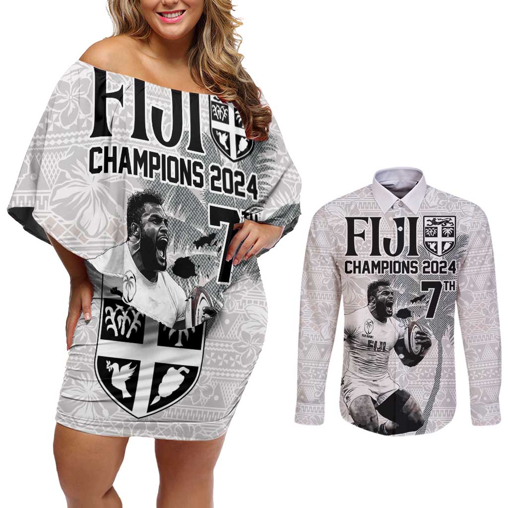 Custom Fiji Rugby Pacific Champions 2024 Couples Matching Off Shoulder Short Dress and Long Sleeve Button Shirt Anniversary 7 Titles - Fijians Rugby and Tapa Hibiscus White Art LT03 White - Polynesian Pride