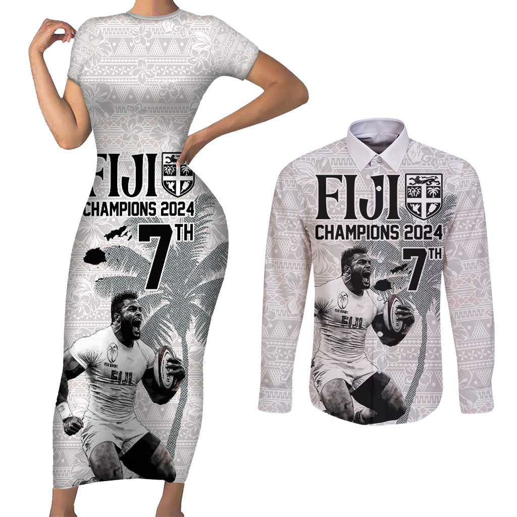 Custom Fiji Rugby Pacific Champions 2024 Couples Matching Short Sleeve Bodycon Dress and Long Sleeve Button Shirt Anniversary 7 Titles - Fijians Rugby and Tapa Hibiscus White Art LT03 White - Polynesian Pride