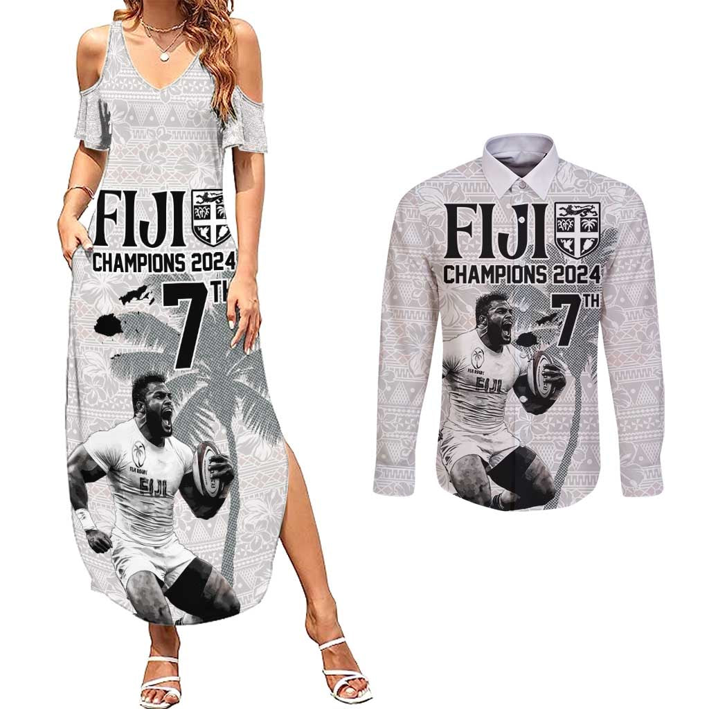 Custom Fiji Rugby Pacific Champions 2024 Couples Matching Summer Maxi Dress and Long Sleeve Button Shirt Anniversary 7 Titles - Fijians Rugby and Tapa Hibiscus White Art LT03 White - Polynesian Pride