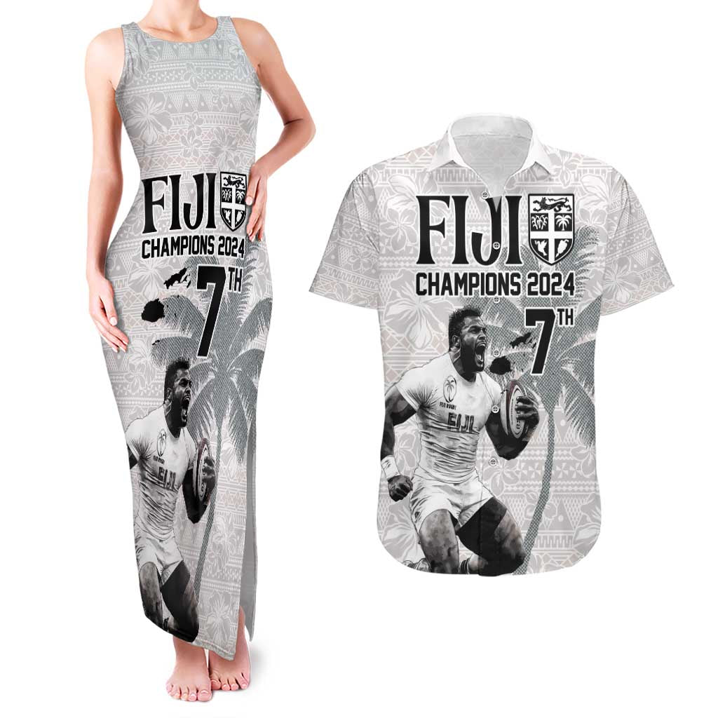 Custom Fiji Rugby Pacific Champions 2024 Couples Matching Tank Maxi Dress and Hawaiian Shirt Anniversary 7 Titles - Fijians Rugby and Tapa Hibiscus White Art LT03 White - Polynesian Pride