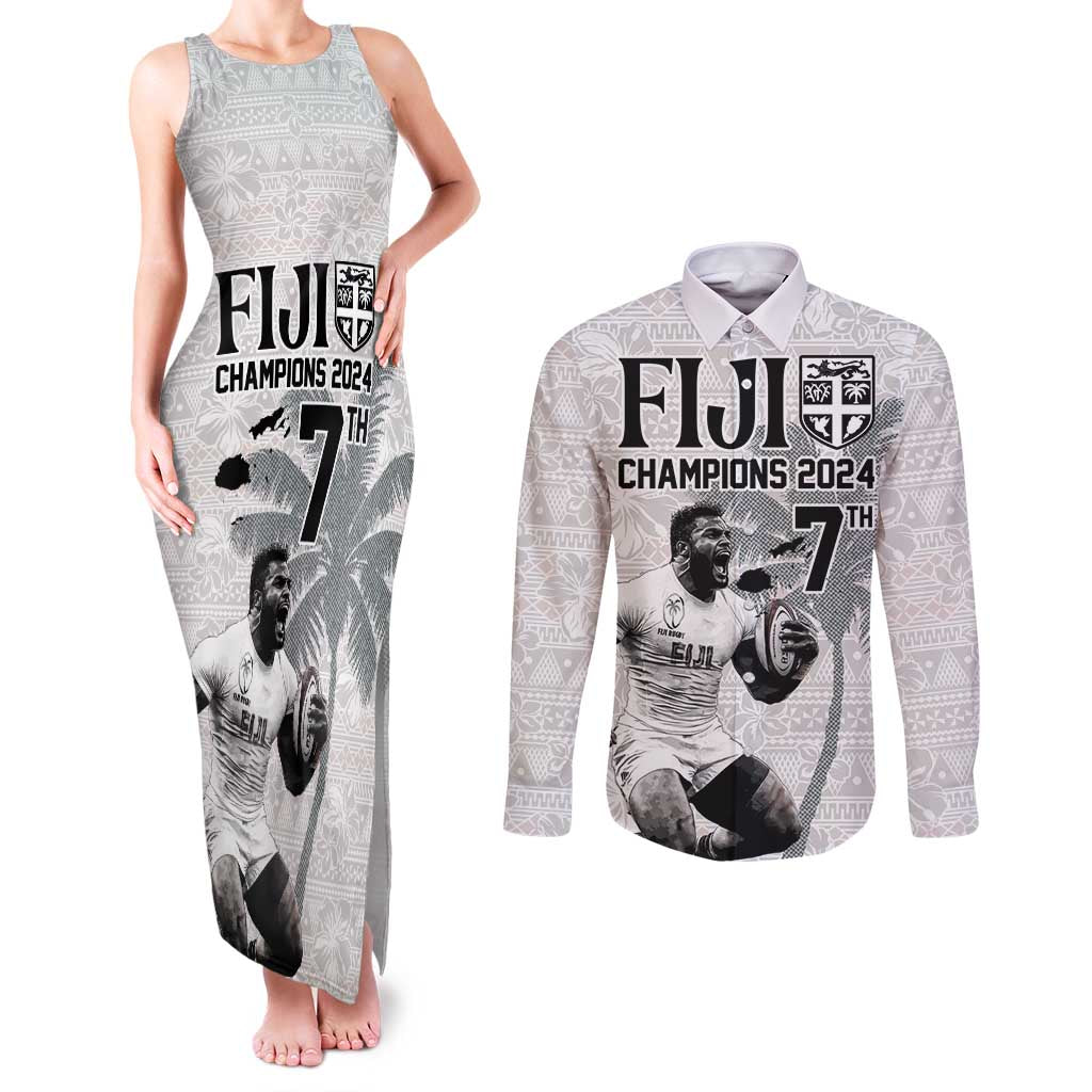 Custom Fiji Rugby Pacific Champions 2024 Couples Matching Tank Maxi Dress and Long Sleeve Button Shirt Anniversary 7 Titles - Fijians Rugby and Tapa Hibiscus White Art LT03 White - Polynesian Pride