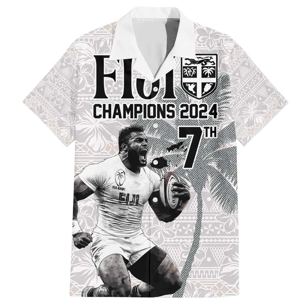 Custom Fiji Rugby Pacific Champions 2024 Family Matching Long Sleeve Bodycon Dress and Hawaiian Shirt Anniversary 7 Titles - Fijians Rugby and Tapa Hibiscus White Art LT03 Dad's Shirt - Short Sleeve White - Polynesian Pride