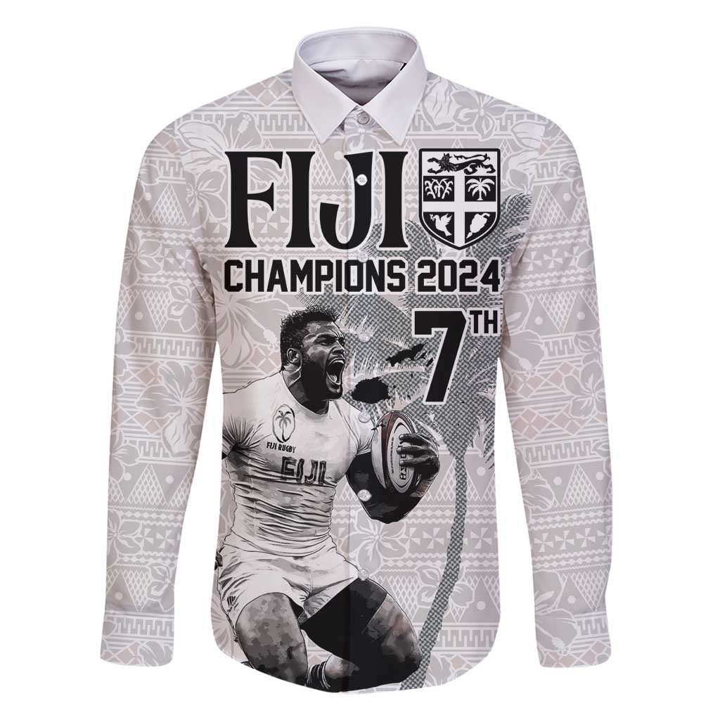 Custom Fiji Rugby Pacific Champions 2024 Family Matching Long Sleeve Bodycon Dress and Hawaiian Shirt Anniversary 7 Titles - Fijians Rugby and Tapa Hibiscus White Art LT03 Dad's Shirt - Long Sleeve White - Polynesian Pride