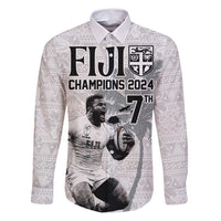 Custom Fiji Rugby Pacific Champions 2024 Family Matching Long Sleeve Bodycon Dress and Hawaiian Shirt Anniversary 7 Titles - Fijians Rugby and Tapa Hibiscus White Art LT03 Dad's Shirt - Long Sleeve White - Polynesian Pride