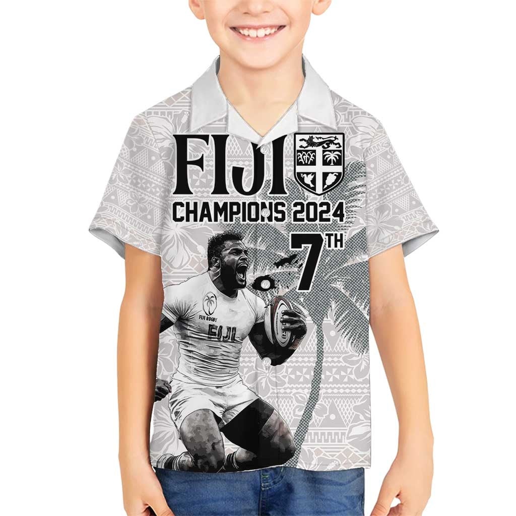 Custom Fiji Rugby Pacific Champions 2024 Family Matching Long Sleeve Bodycon Dress and Hawaiian Shirt Anniversary 7 Titles - Fijians Rugby and Tapa Hibiscus White Art LT03 Son's Shirt White - Polynesian Pride