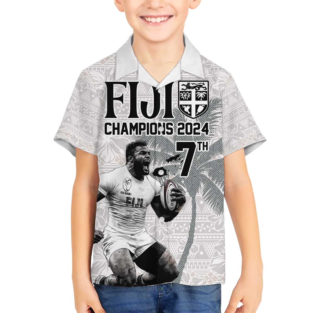 Custom Fiji Rugby Pacific Champions 2024 Family Matching Off The Shoulder Long Sleeve Dress and Hawaiian Shirt Anniversary 7 Titles - Fijians Rugby and Tapa Hibiscus White Art