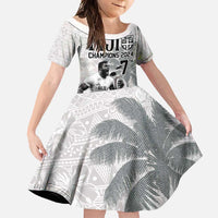 Custom Fiji Rugby Pacific Champions 2024 Family Matching Short Sleeve Bodycon Dress and Hawaiian Shirt Anniversary 7 Titles - Fijians Rugby and Tapa Hibiscus White Art LT03 Daughter's Dress White - Polynesian Pride