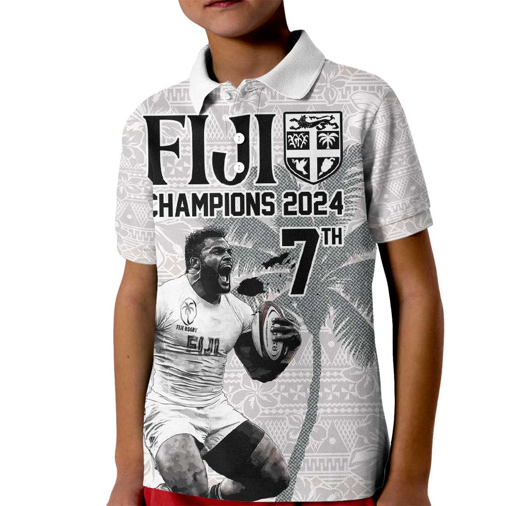 Custom Fiji Rugby Pacific Champions 2024 Kid Polo Shirt Anniversary 7 Titles - Fijians Rugby and Tapa Hibiscus White Art LT03 Kid White - Polynesian Pride