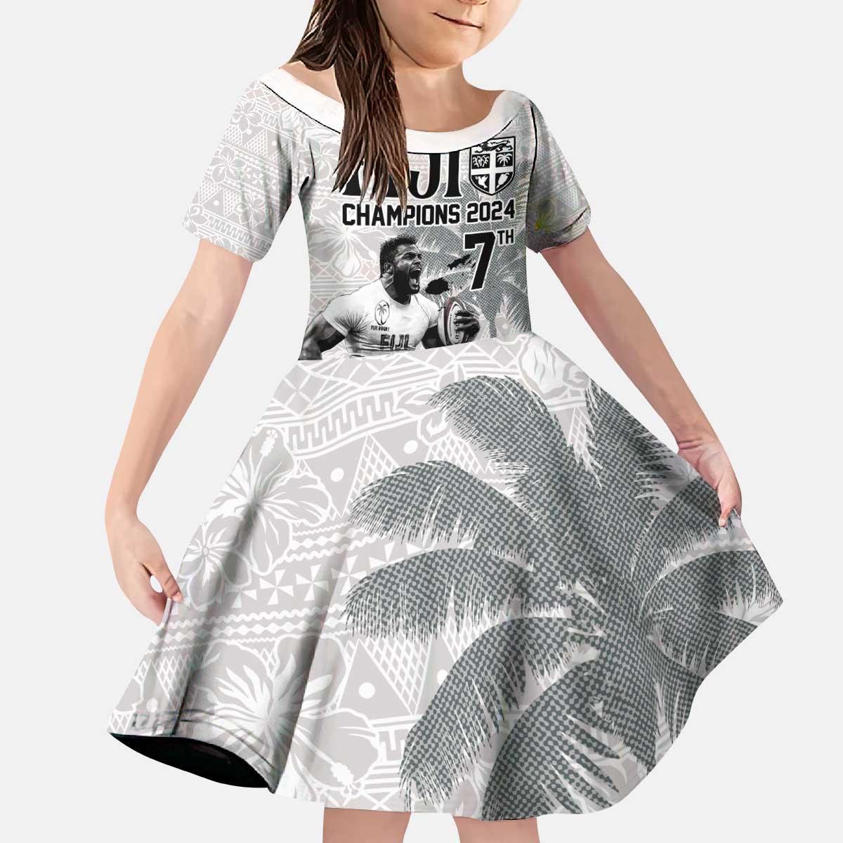 Custom Fiji Rugby Pacific Champions 2024 Kid Short Sleeve Dress Anniversary 7 Titles - Fijians Rugby and Tapa Hibiscus White Art LT03 KID White - Polynesian Pride