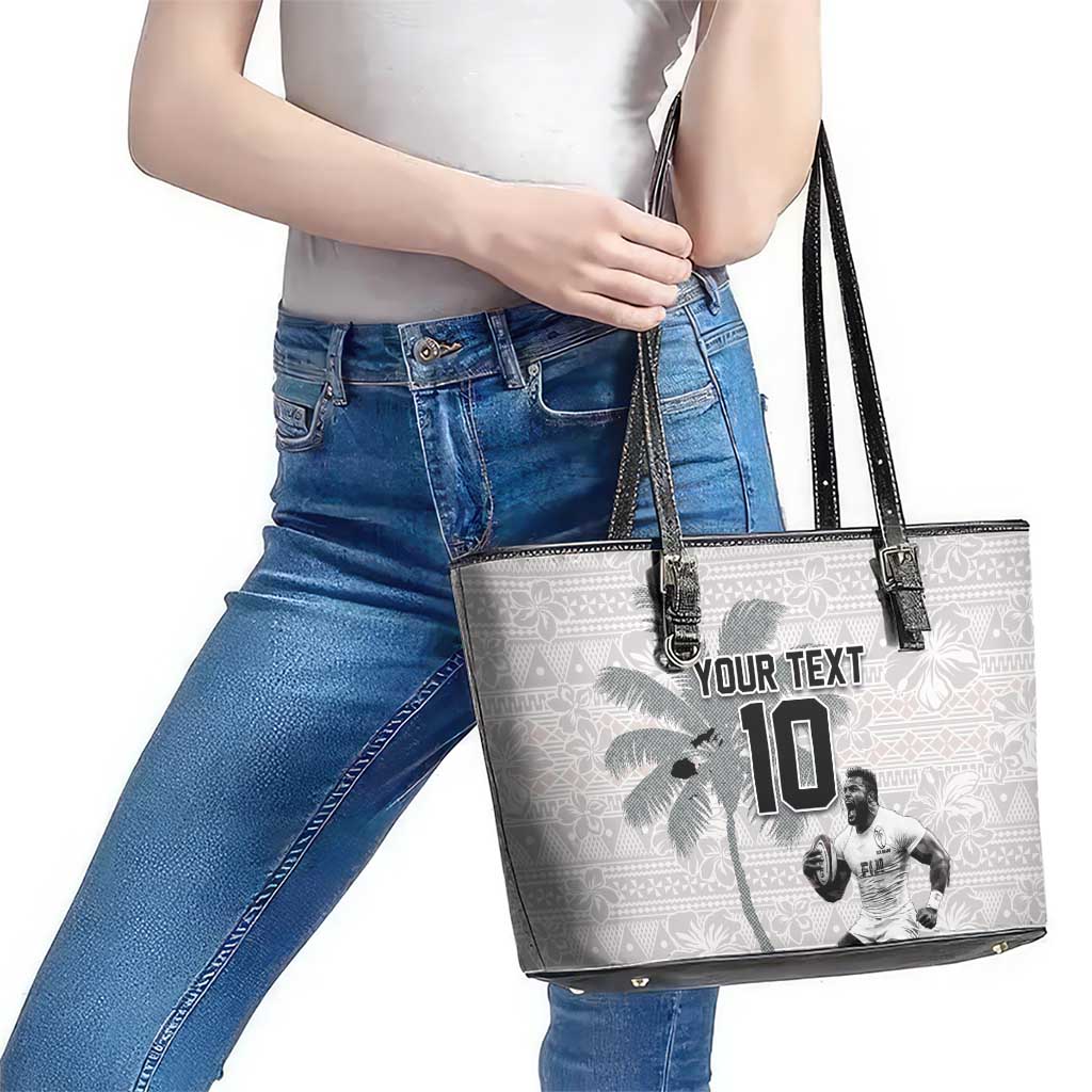 Custom Fiji Rugby Pacific Champions 2024 Leather Tote Bag Anniversary 7 Titles - Fijians Rugby and Tapa Hibiscus White Art